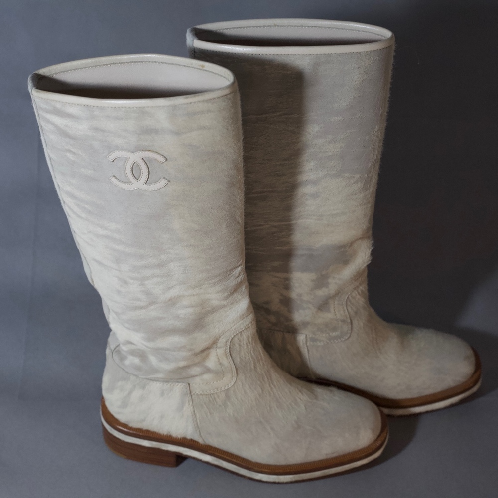 Chanel Beige Calfskin Leather Knee High Tall Boots